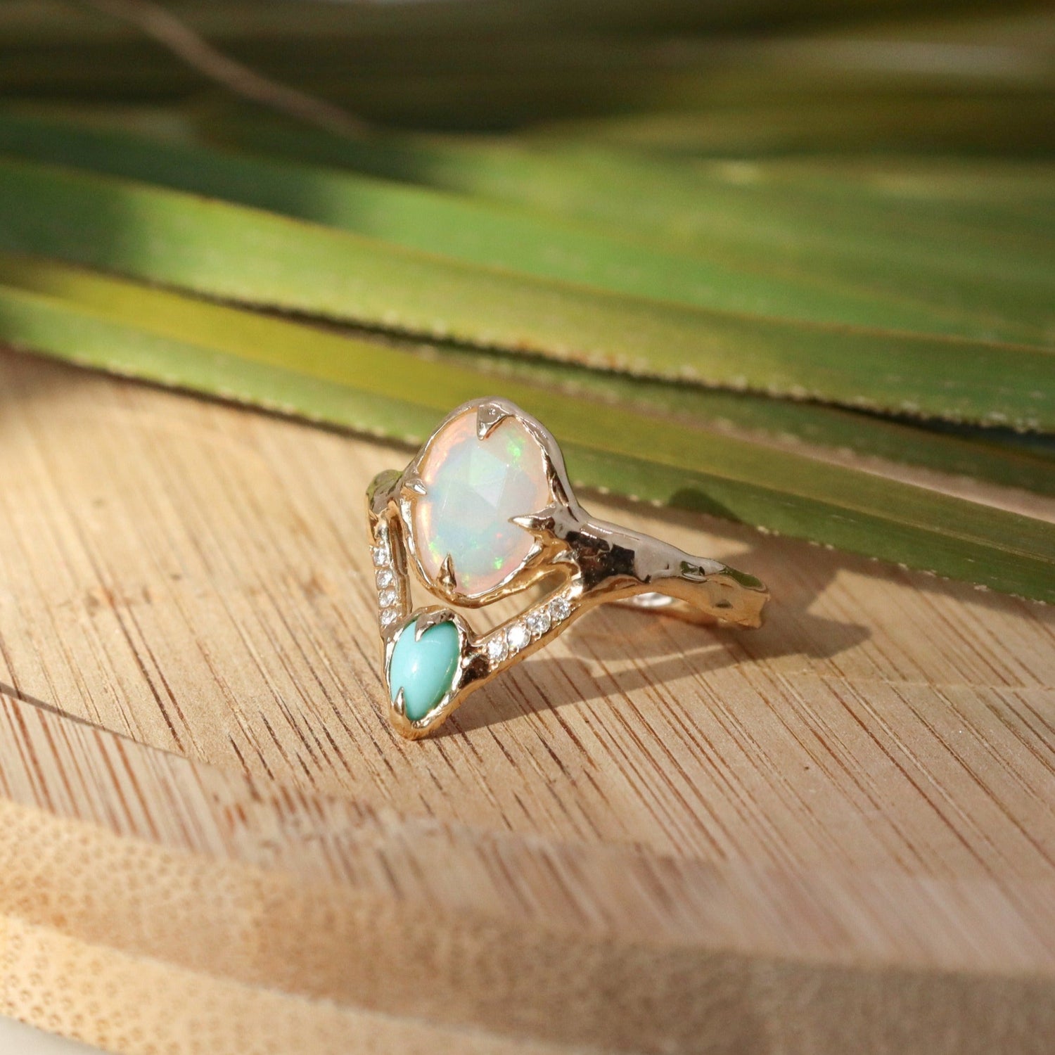 opal, turquoise, and diamond ring
