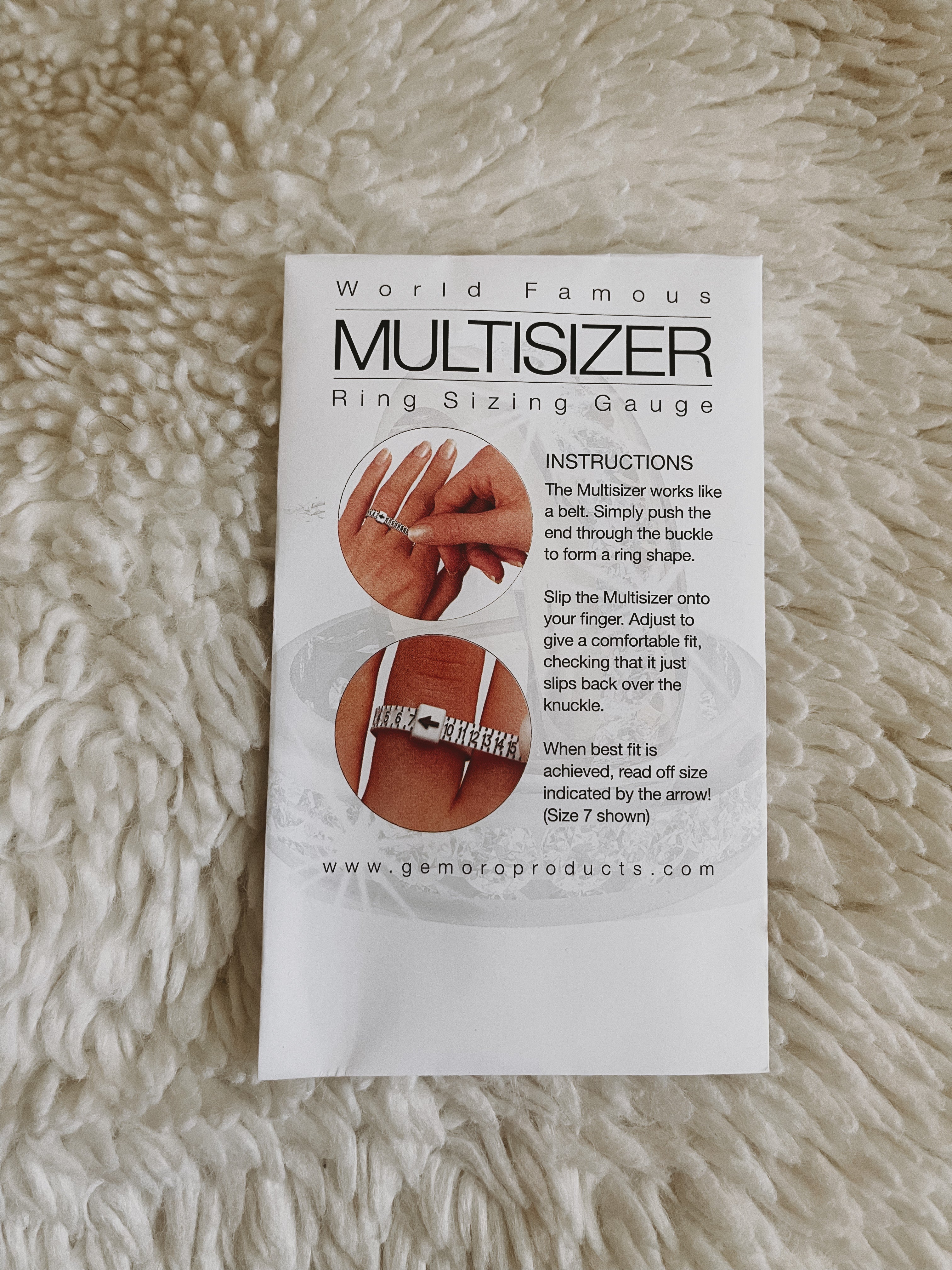 The packaging of the ring sizing tool, called a multisizer