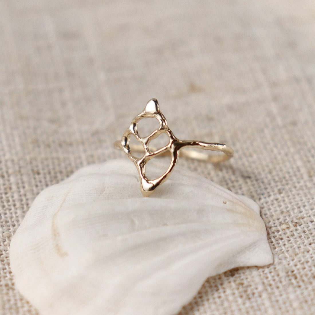 Intricate sea shell ring design resembling a split conch shell, evoking coastal beauty and natural elegance.