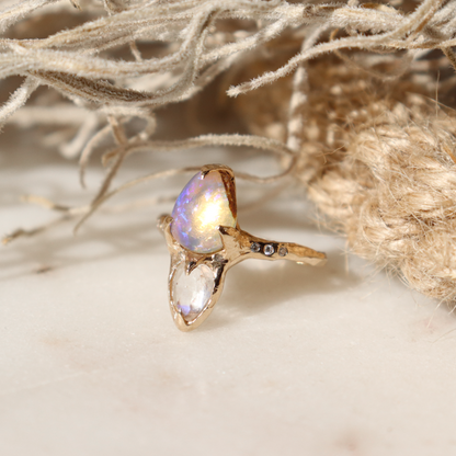 Opal, Moonstone, and Diamond Ring | 14k Gold
